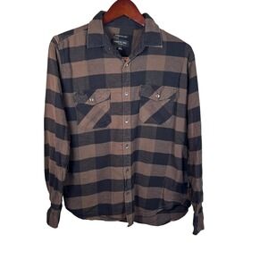Kenneth Cole New York Mens Flannel Shirt in Black & Brown Checkered Plaid Sz Med